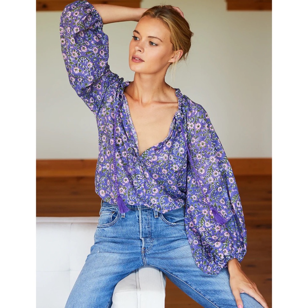 Emerson Fry Peasant Blouse Bardot Long Sleeve Button Shirt Wildflower Size L